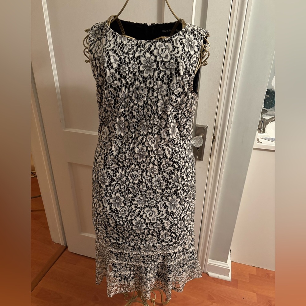 Karl Lagerfeld Black and White Floral Lace Midi Dress
